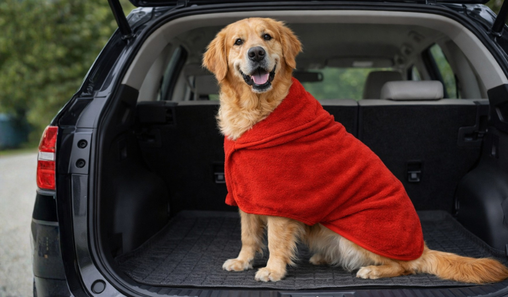 chien joyeux avec sa serviette, serviette rouge pour chien, chien dans un coffre de voiture Golden retriever 