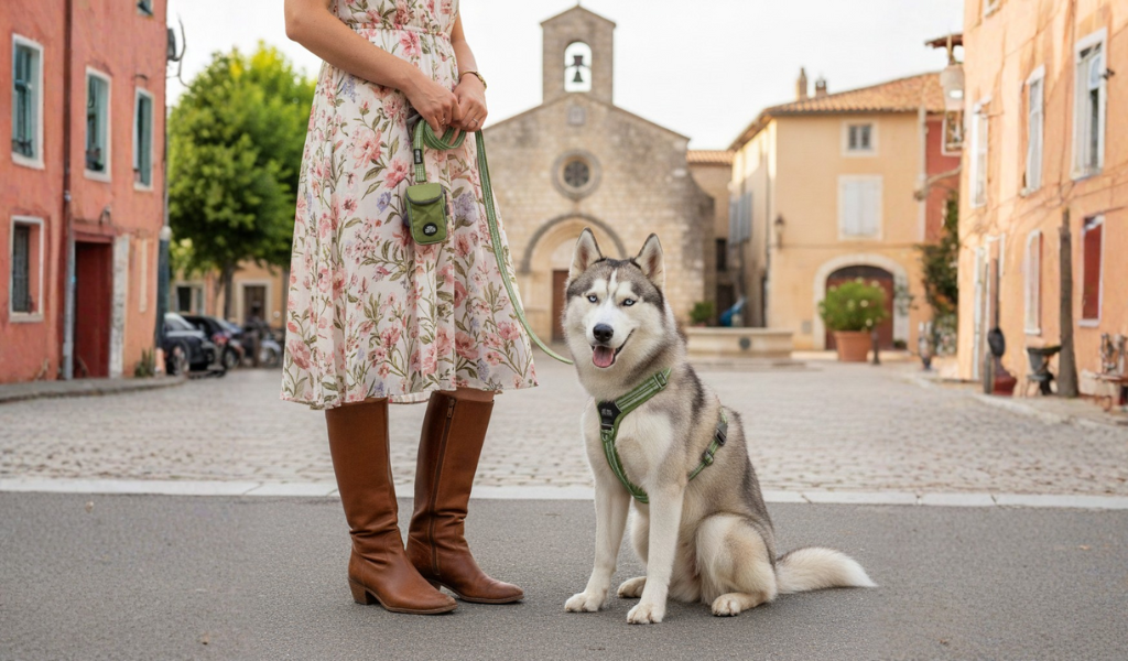 Husky sibérien,  harnais vert, laisse verte, pochette de laisse verte 