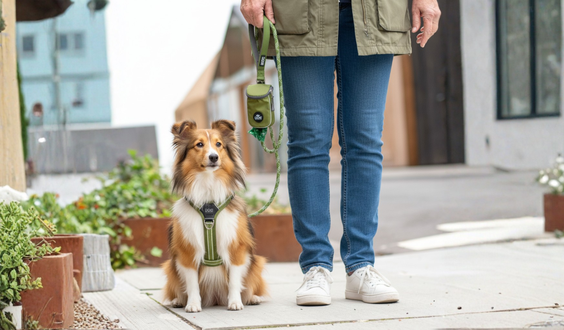 harnais vert, laisse en corde verte, pochette de laisse verte, chien assis 