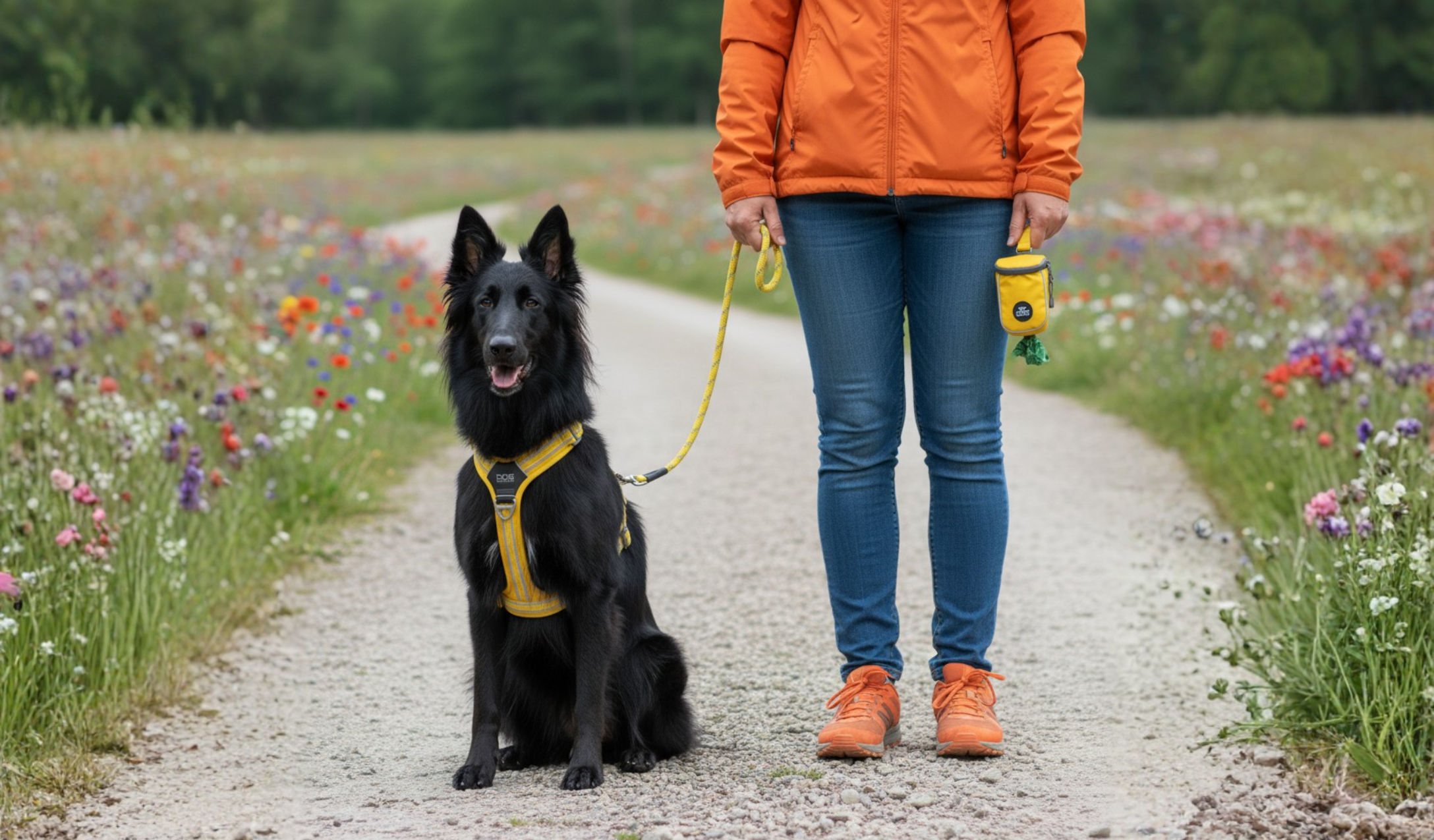 chien content, Pochette de laisse jaune, Laisse Corde Jaune, laisse jaune, harnais en Y jaune, Harnais jaune, malinois