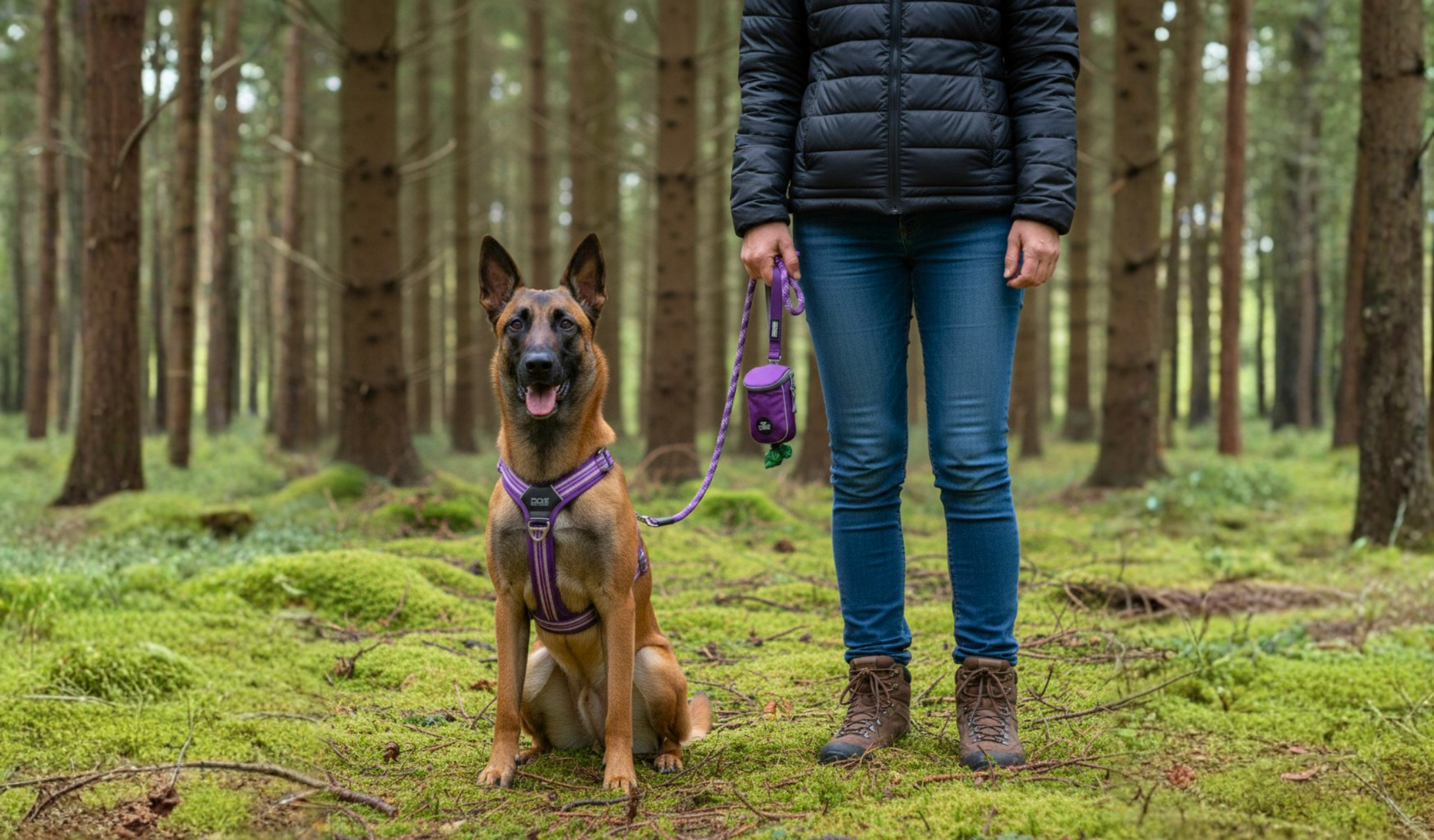 Harnais en Y Violet, Laisse Corde Violette, laisse violette, Pochette de laisse Violette, chien heureux, chien en forêt malinois 