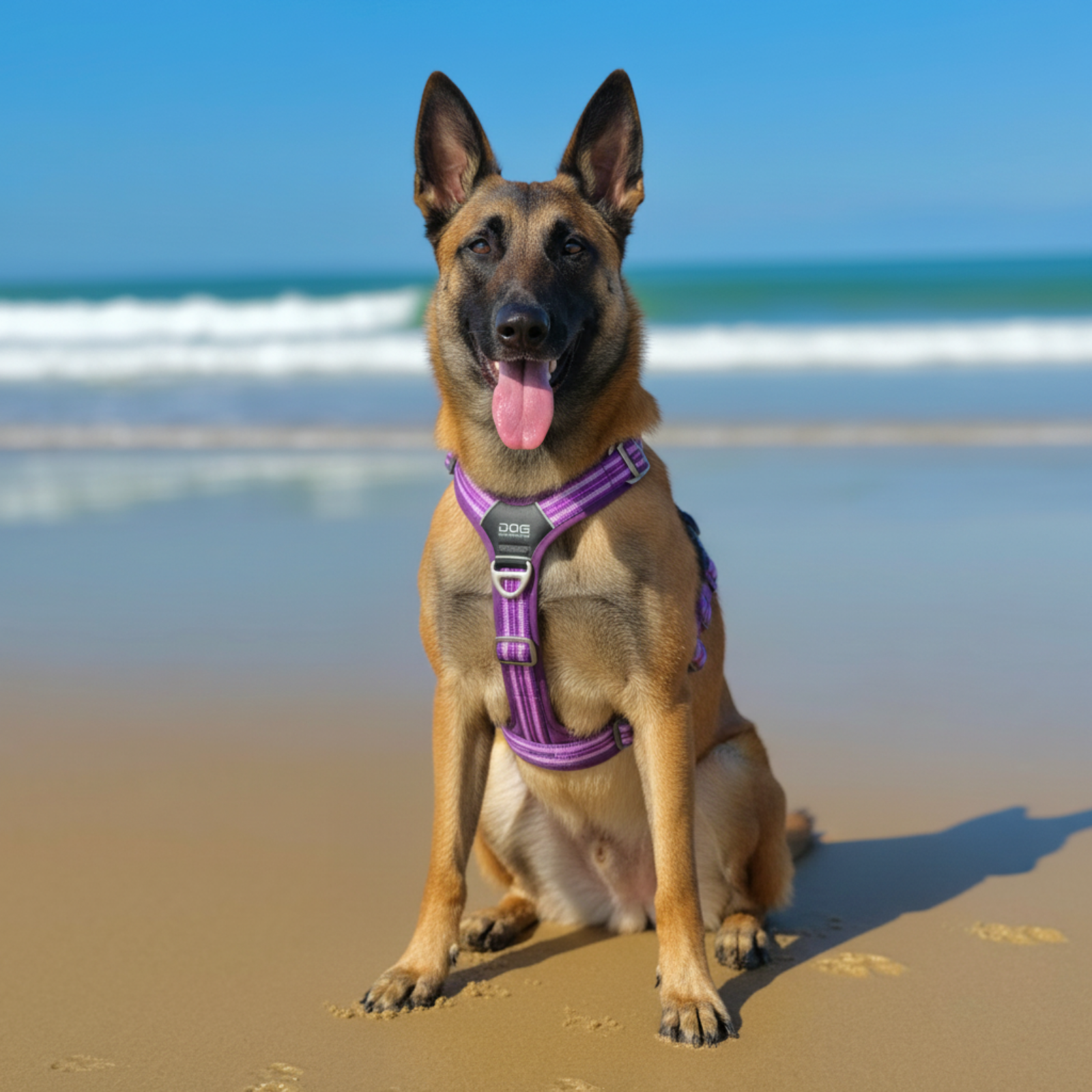 chien content, chien à la mer, malinois, Harnais en Y violet 