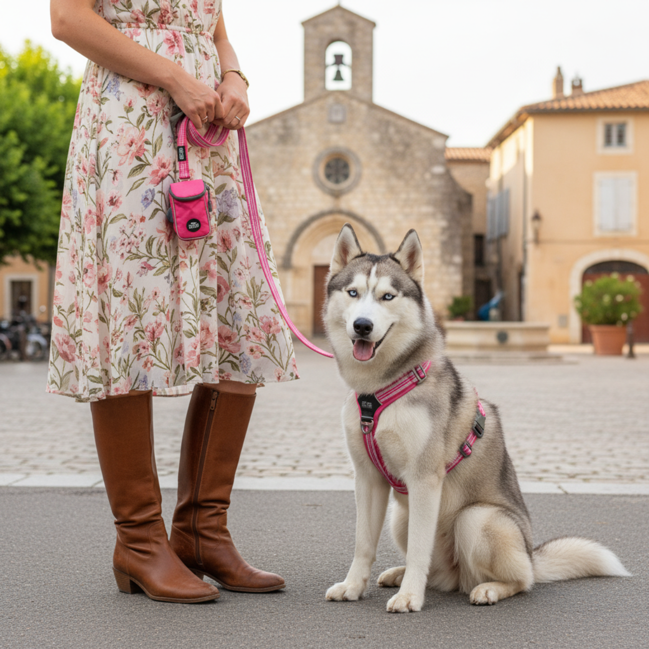 pochette de laisse, Husky de Sibérie, harnais rose, laisse rose 