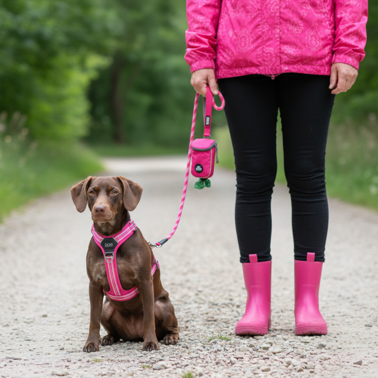 chien promenade, harnais rose, laisse rose, pochette de laisse  rose  