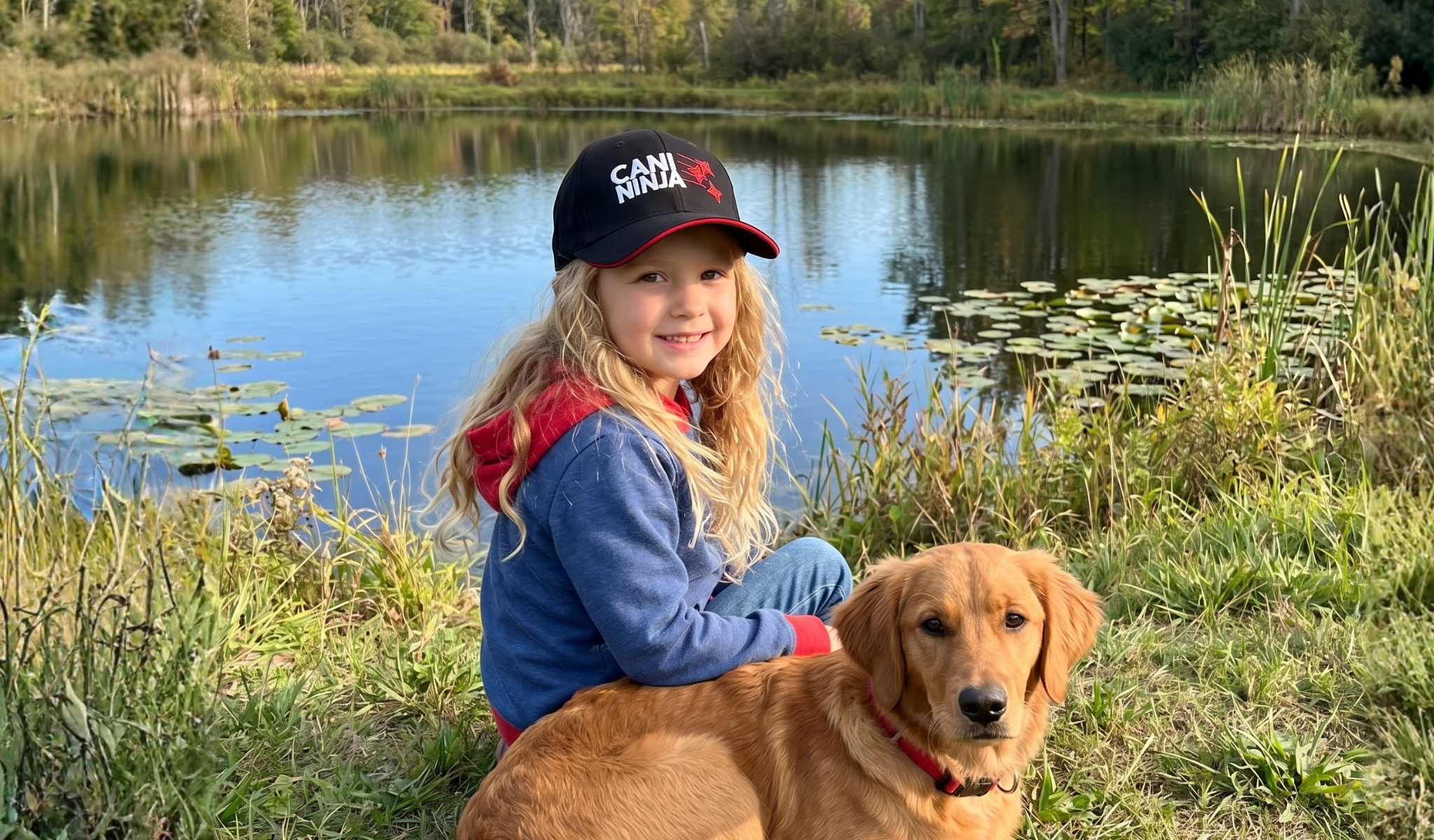 casquette cani ninja enfant heureux lac enfant avec chien