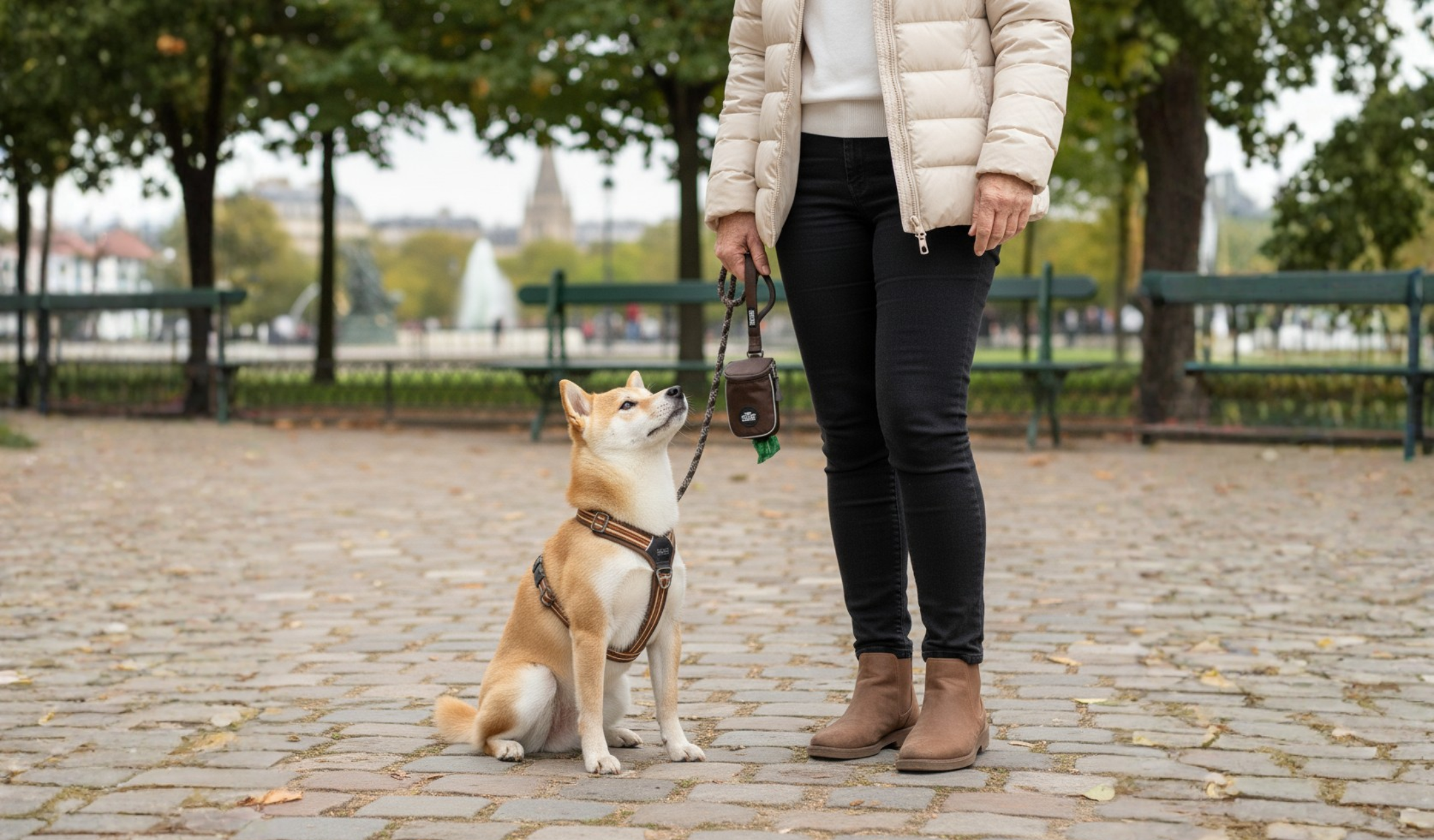 chien en promenade, harnais pour chien, harnais marron, laisse marron